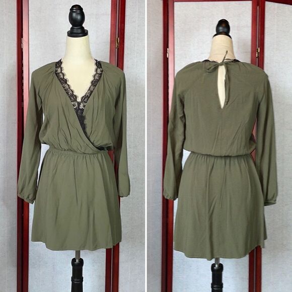 Express Army Green Faux Wrap Top Dress With Elastic Waist & Lace (Size: S) - Picture 5 of 14